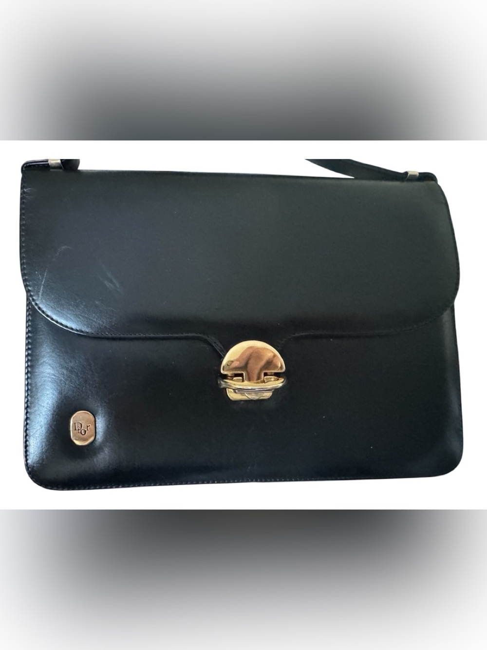 Vintage Dior Black Leather Flap Shoulder Bag with Gold Hardware